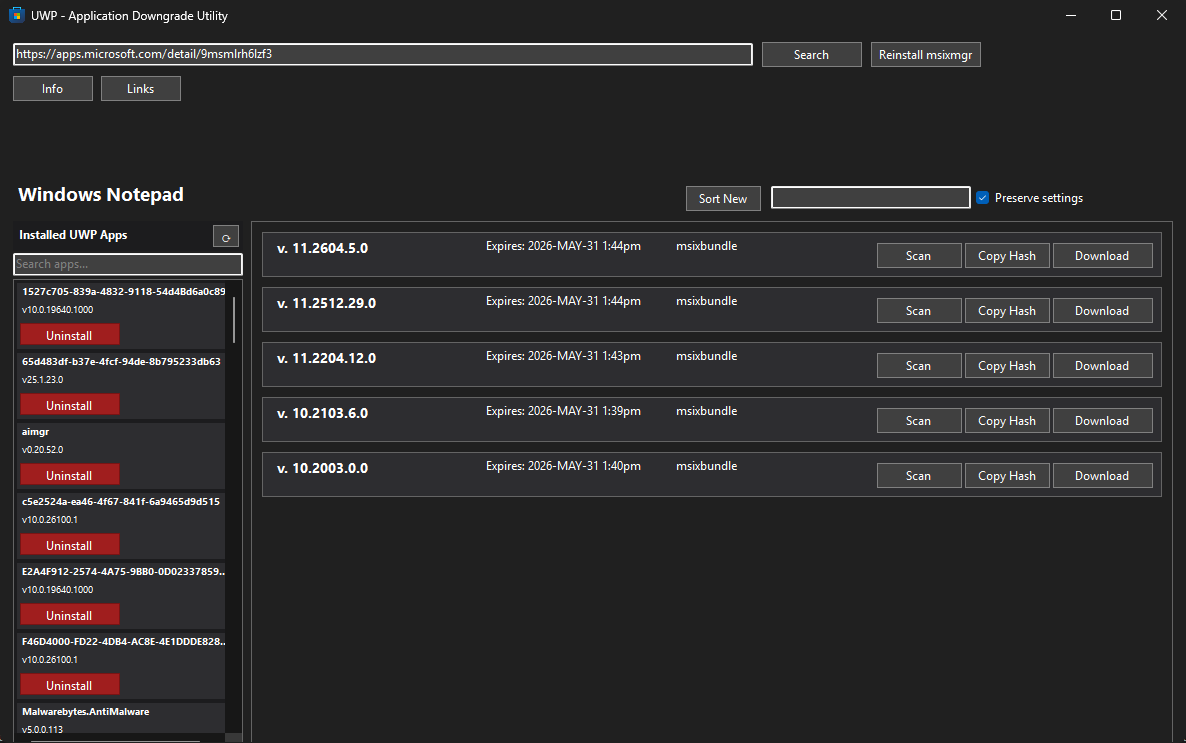 UWP-ADU Links Show Versions