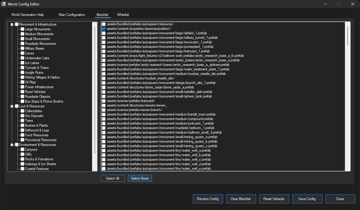 World Config Editor Blacklist Removal Section
