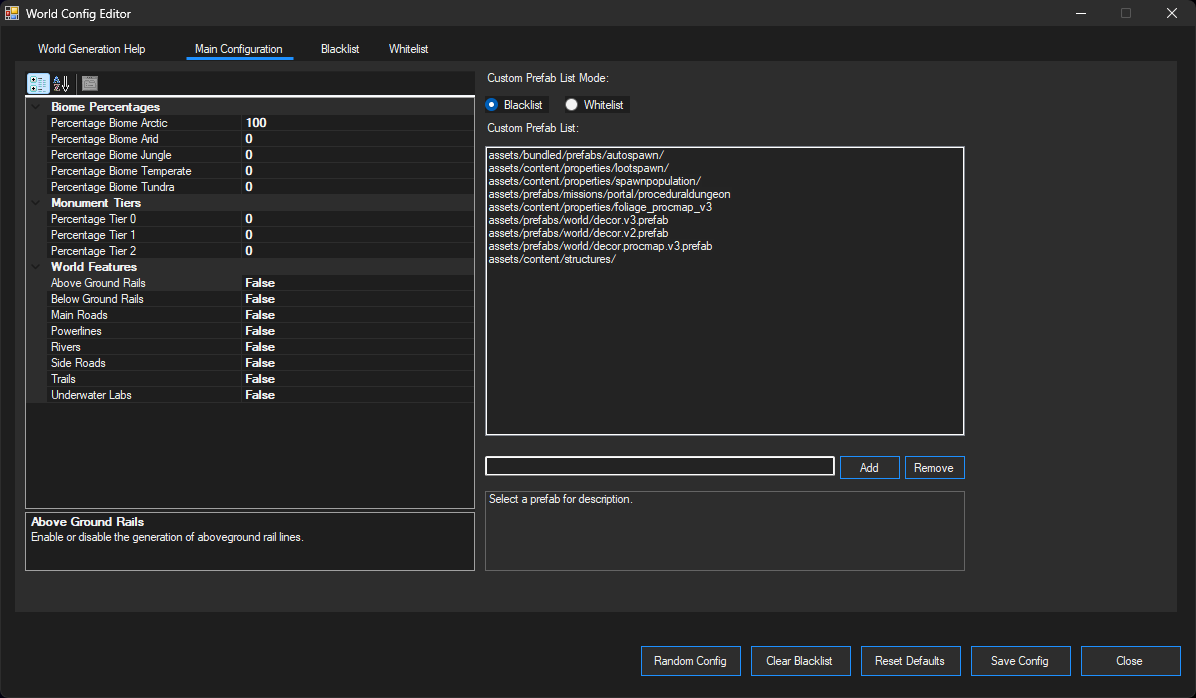 World Config Editor Initial View